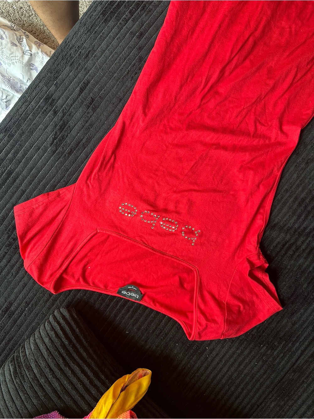 bebe Red Rhinestone Logo Cap Sleeve Dress